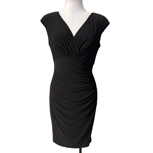Ralph Lauren Black Dress 8 Stretch Sheath Ruched V Neck Cap Sleeve Washable - Picture 2 of 10